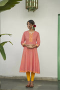 Peach Cotton Floral Printed A line Kurta - Prasuti | Grocsy