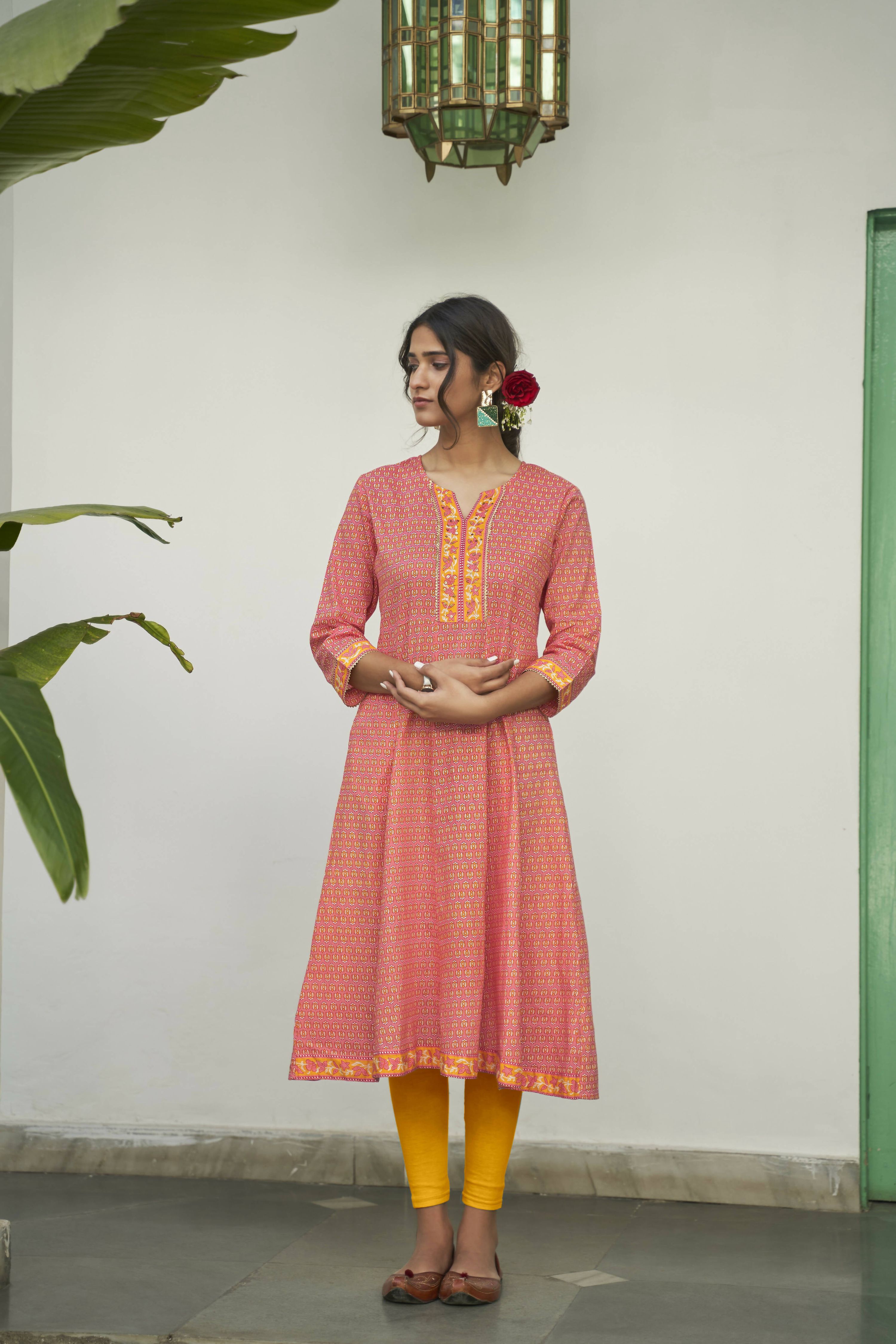 Peach Cotton Floral Printed A line Kurta - Prasuti | Grocsy