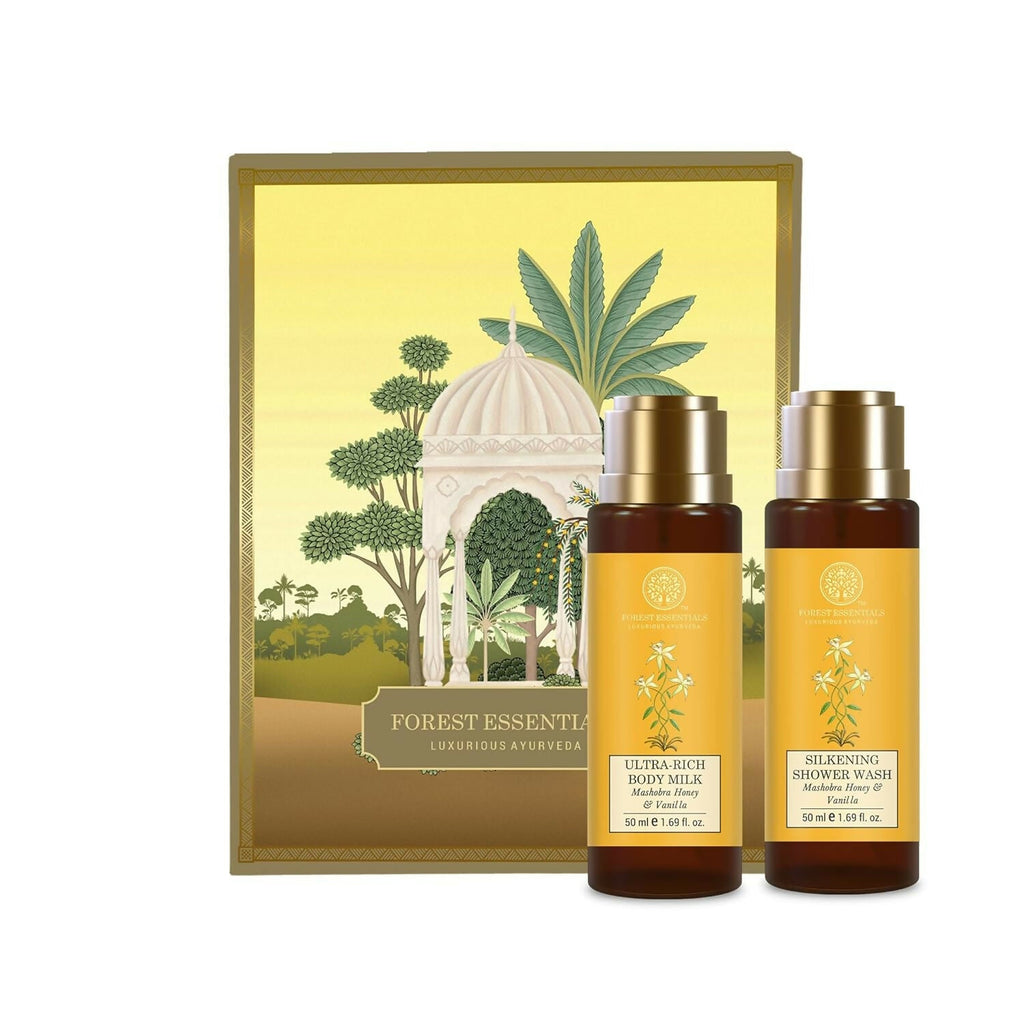 Forest Essentials Luxury Bath & Body Gift Set, Honey Vanilla Scented, Body Wash and Body Lotion | Grocsy