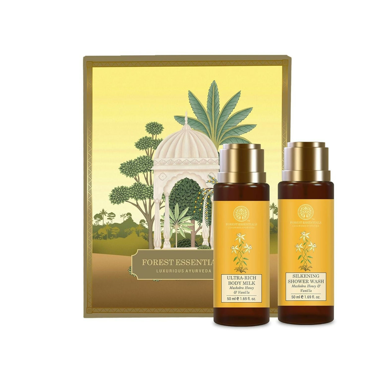 Forest Essentials Luxury Bath & Body Gift Set, Honey Vanilla Scented, Body Wash and Body Lotion | Grocsy