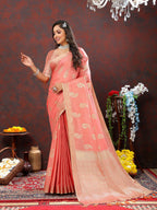 Lorenvalley Fashion Peach Cotton Woven Design with Zari Weaving Design Saree | Grocsy