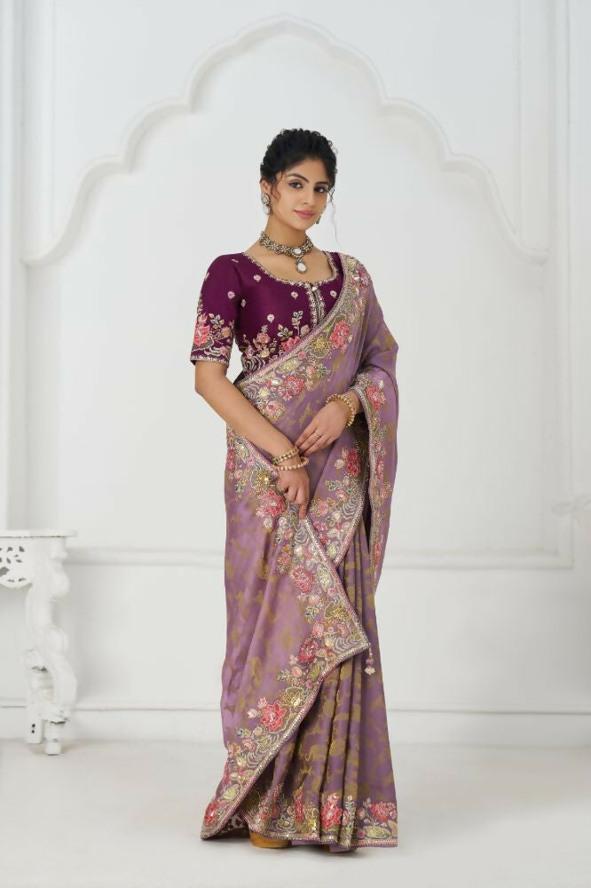 Kesar Fab Bloom In Style: Mauve With Vibrant Thread Work & Floral Motifs Saree | Grocsy