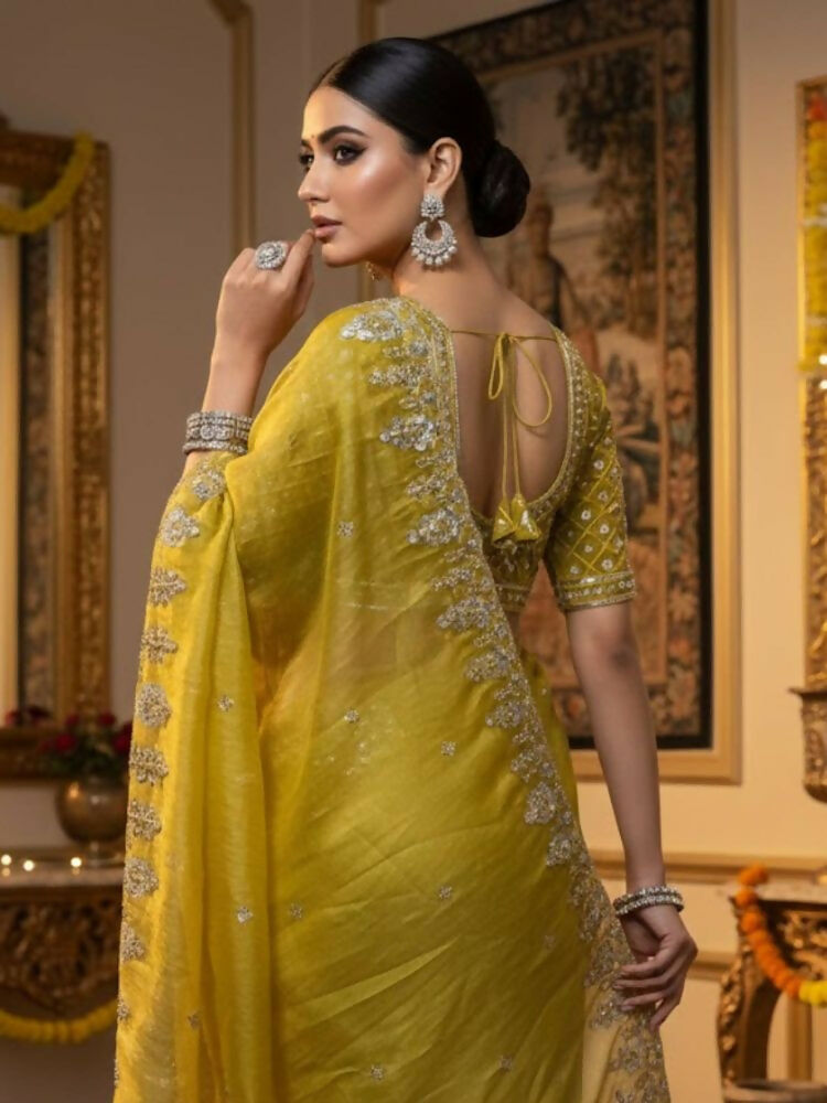 Joban Fashion Yellow Fandy Satin Silk Party Wear Sarees | Grocsy