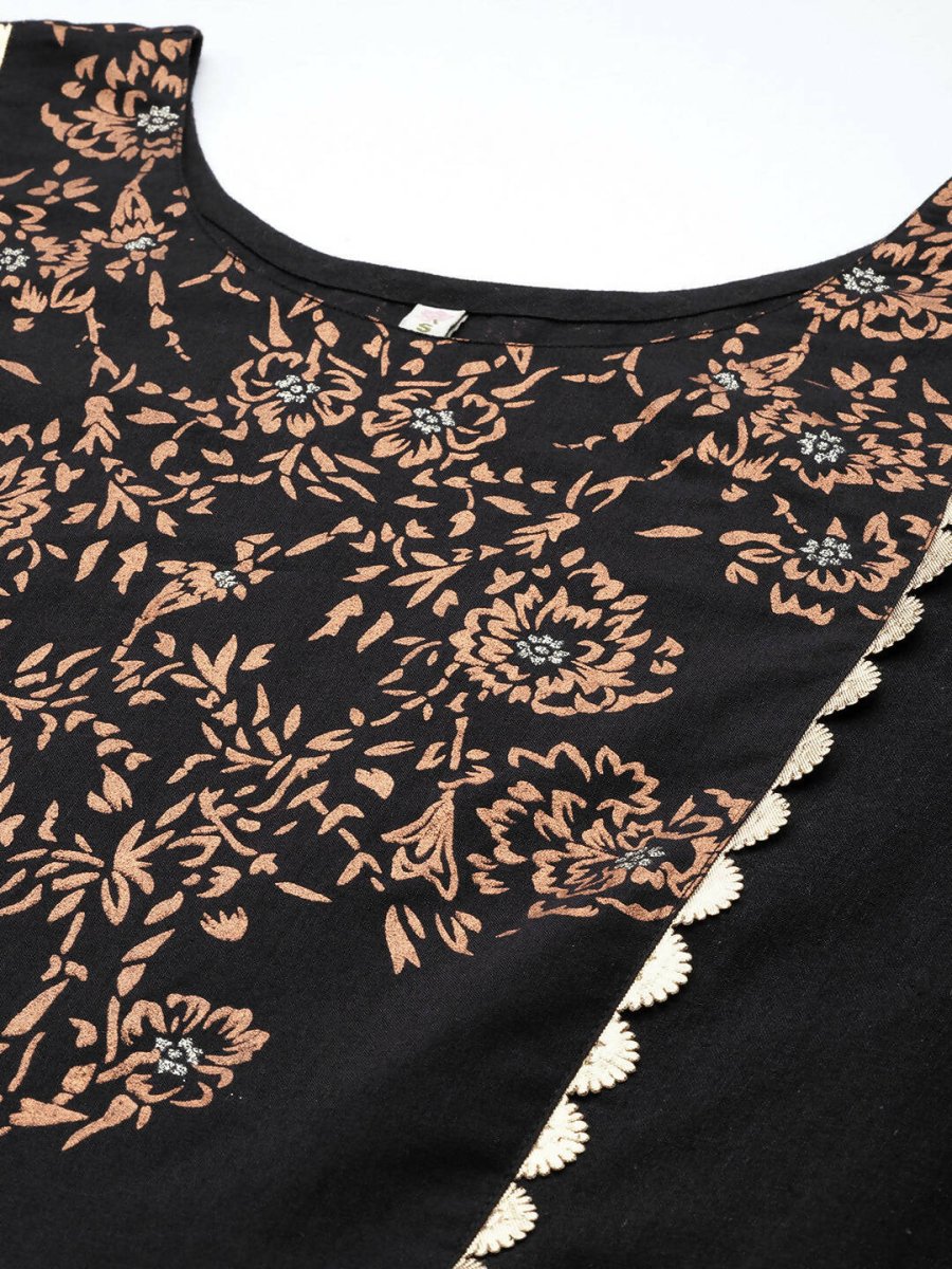 Ahalyaa Women Black Floral Printed Pure Cotton Kurta with Palazzos | Grocsy