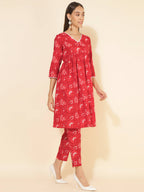 Janasya Women's Red Cotton Floral Printed Casual Flared Co-ords | Grocsy