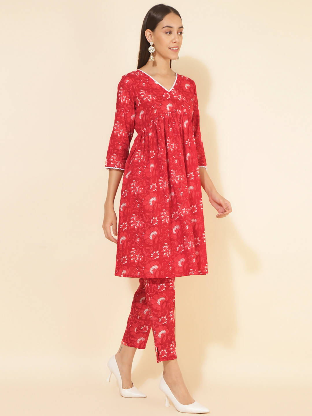 Janasya Women's Red Cotton Floral Printed Casual Flared Co-ords | Grocsy