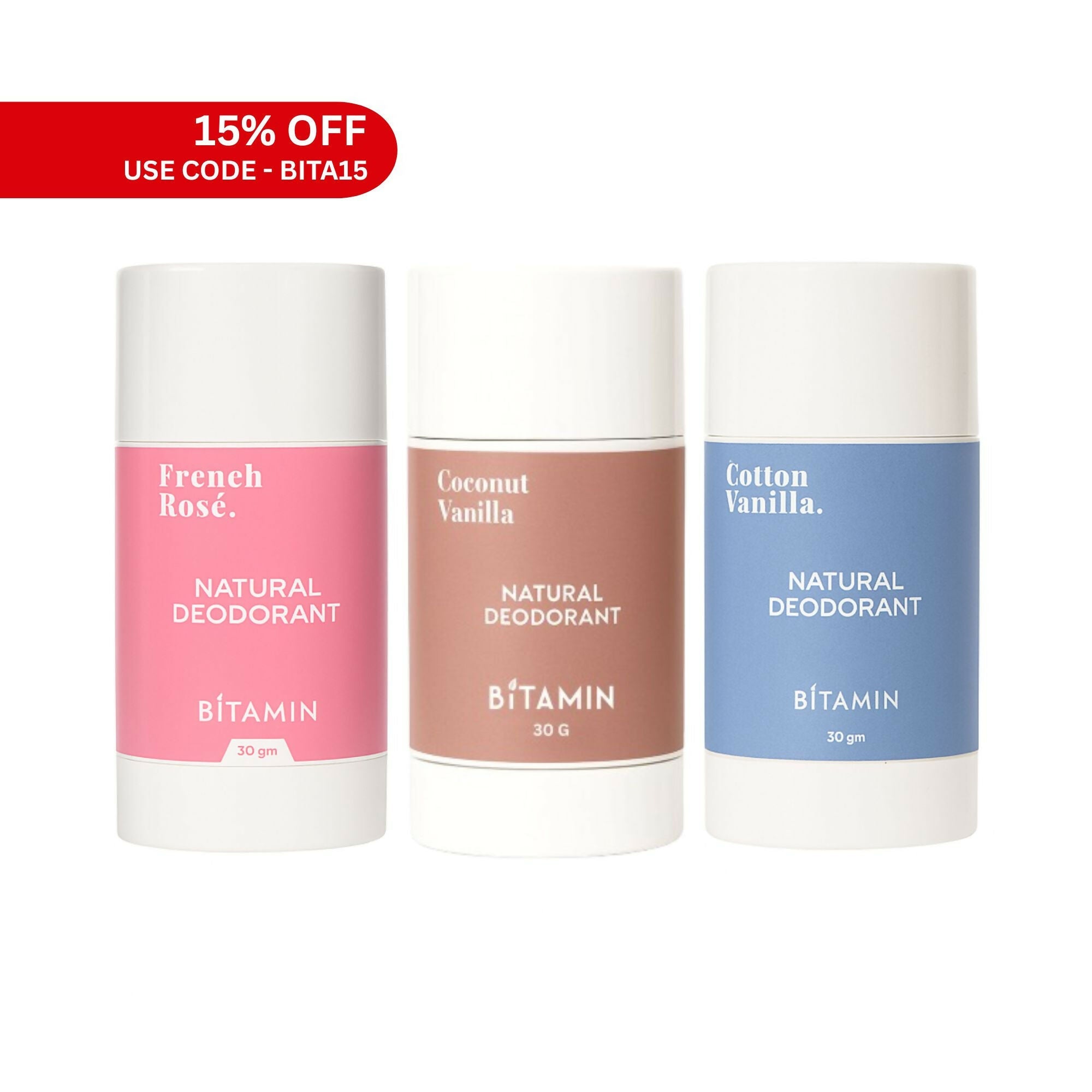 Bitamin Natural Deodorant Cotton Vanilla, Coconut Vanilla, Freneh Rose Roll On | Grocsy