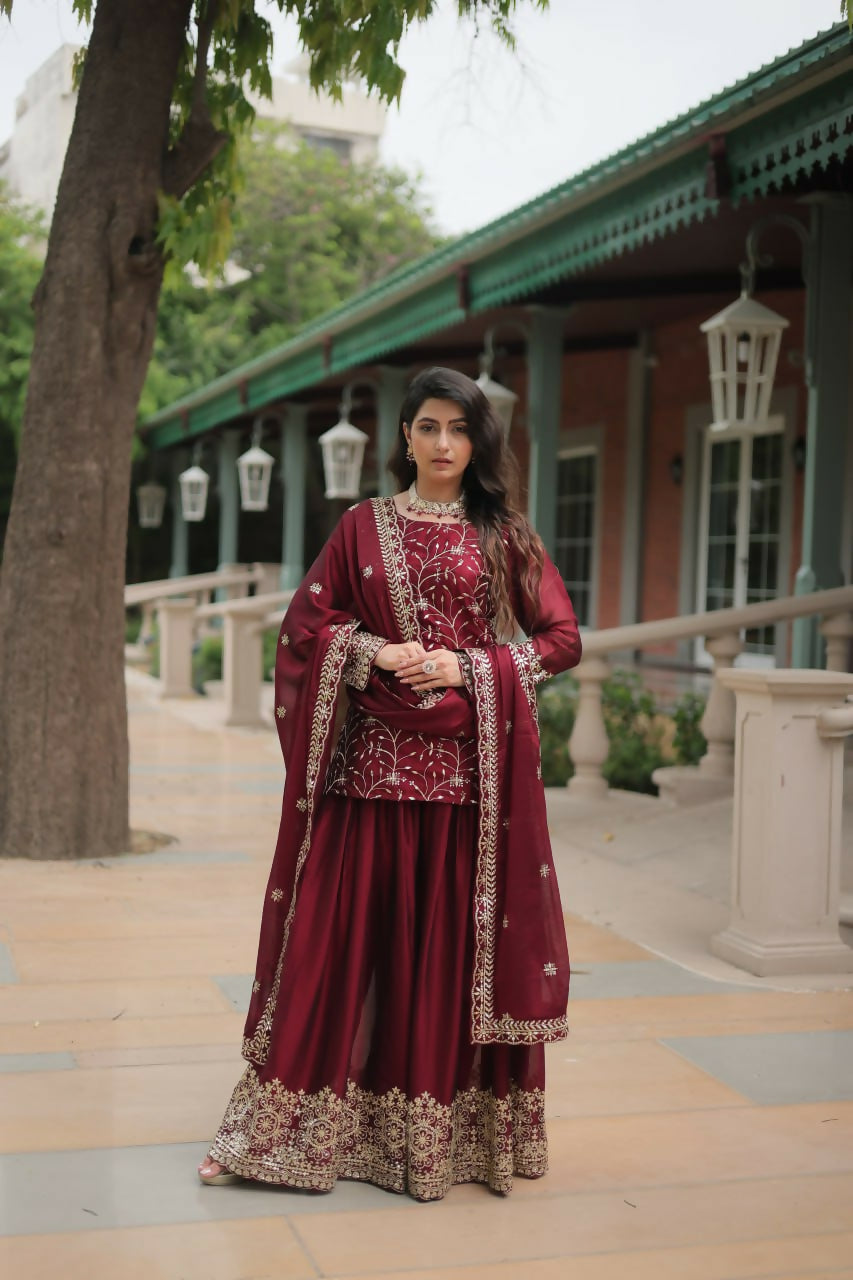 Vastranavya Premium Designer Heavy Sequins & Thread Embroidered work Kurti Palazzo & Dupatta - Maroon | Grocsy