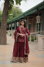 Vastranavya Premium Designer Heavy Sequins & Thread Embroidered work Kurti Palazzo & Dupatta - Maroon | Grocsy