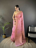 Joban Fashion Pastel Pink Floral & Paisley  Linen Silk Banarasi Saree | Grocsy