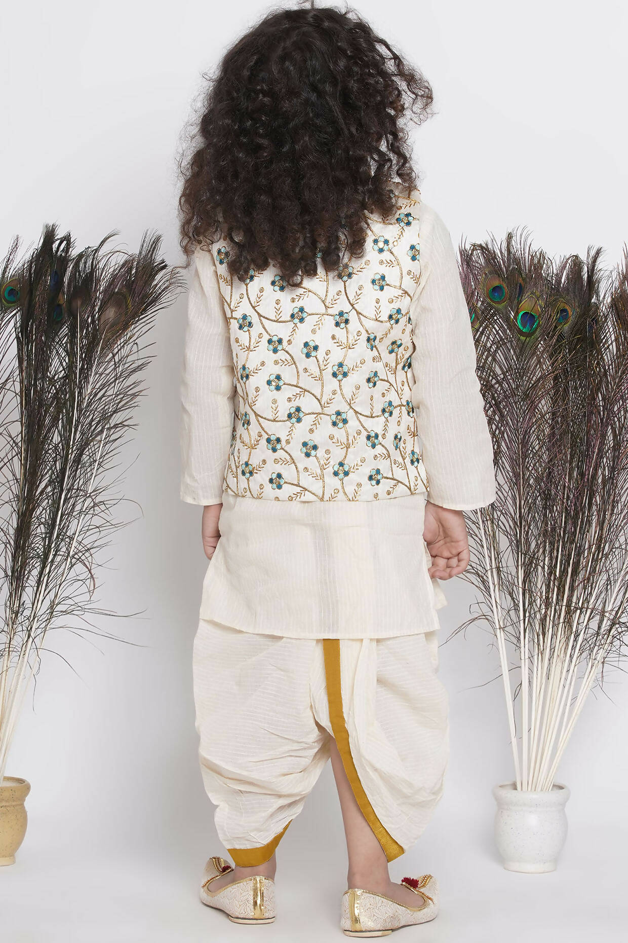 Little Bansi Banarsi Silk Blue Floral Embroidery Jacket With Cotton Kantha kurta And Kantha Dhoti - Cream | Grocsy