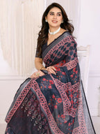 PR Fashion Wine Handloom Linen Cotton Zari Saree | Grocsy