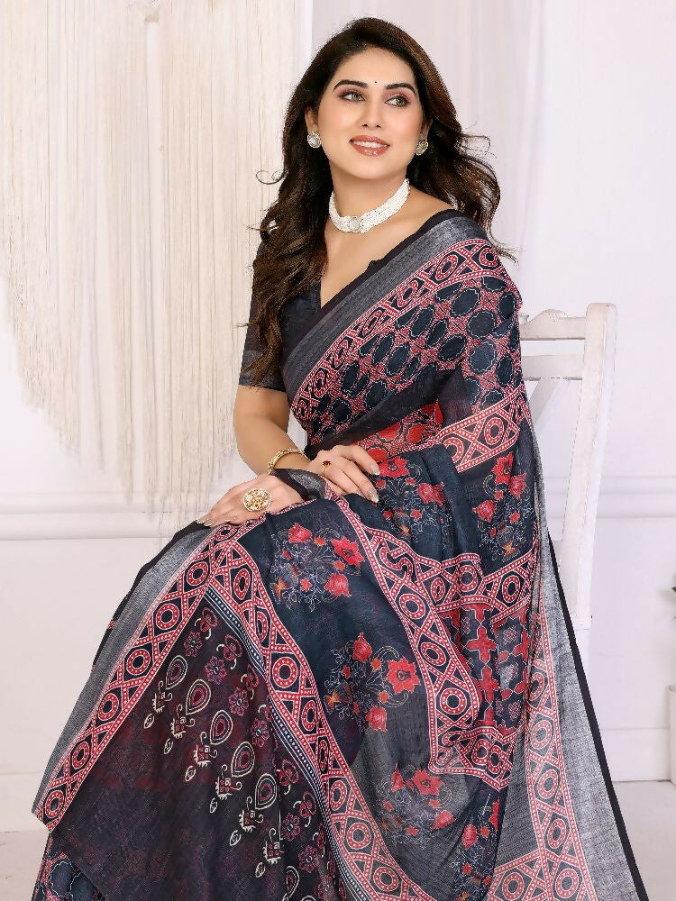 PR Fashion Wine Handloom Linen Cotton Zari Saree | Grocsy