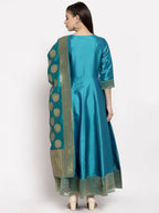 Myshka Women's Green Silk Solid 3/4 Sleeve V Neck Casual Anarkali Gown | Grocsy