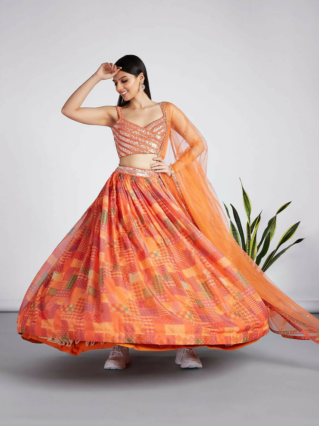 House of Panchhi Orange colour Organza Treditional design digital print Semi-Stitched Lehenga choli & Dupatta | Grocsy