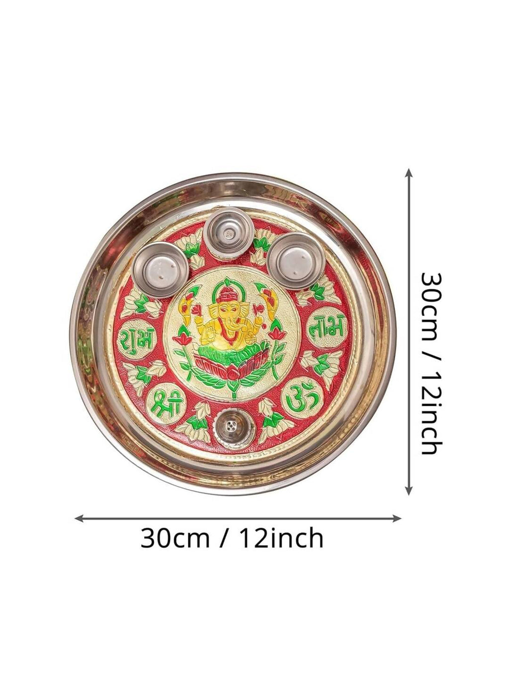 Tied Ribbons Red & Green Printed Pooja Thali With Attached Incense Diya Tilak Holder | Grocsy
