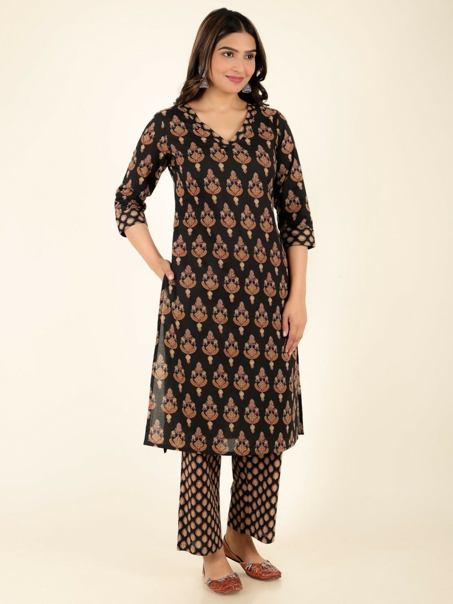 Aramya Black Soft Cotton Floral Print Straight Kurta Pant Set for Women | Grocsy