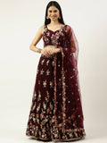 House of Panchhi Burgundy Net Sequinse Work Lehenga & Blouse, Dupatta | Grocsy