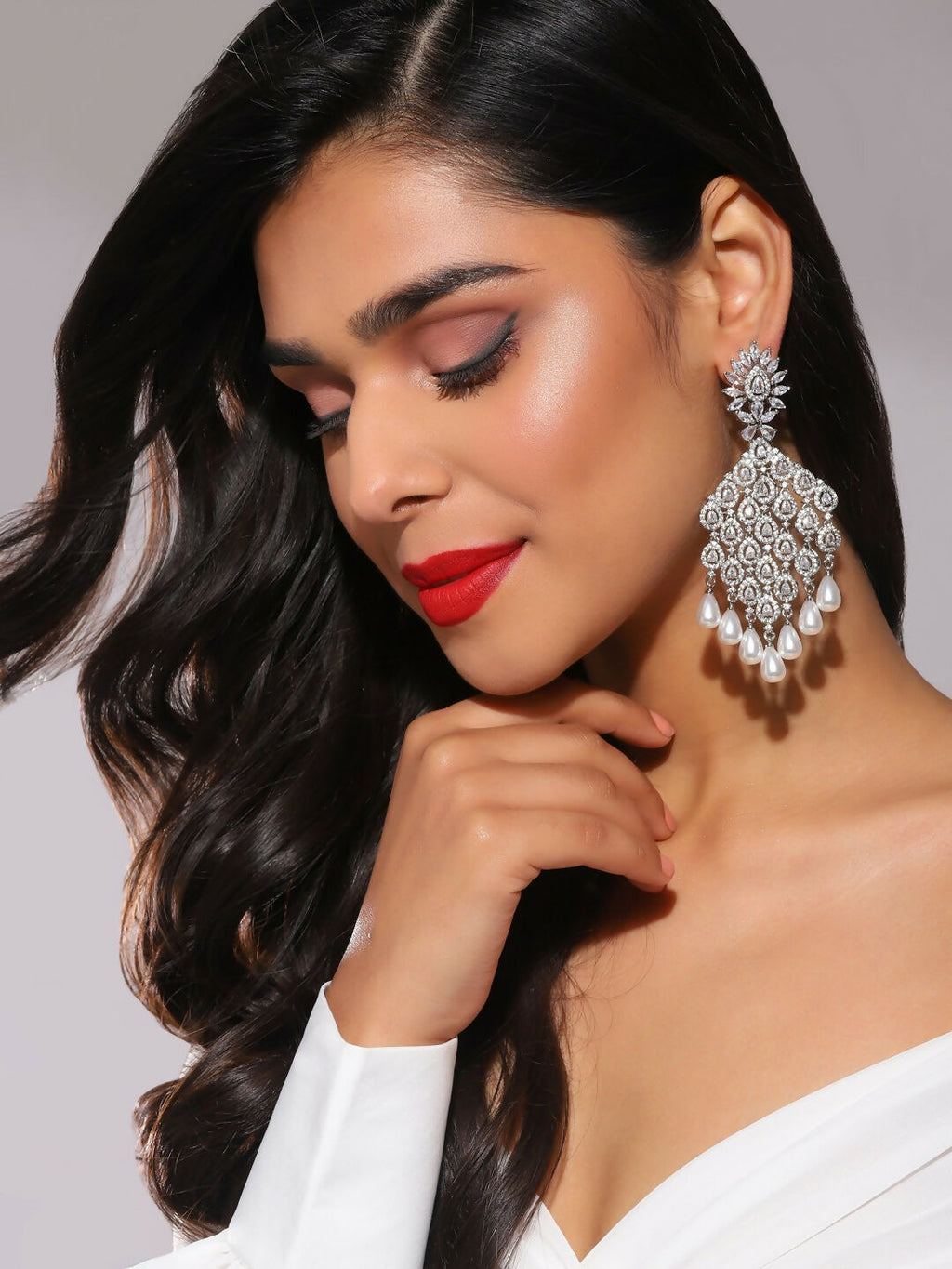 Silver Earrings with Pearl Drops- Ruby Raang | Grocsy