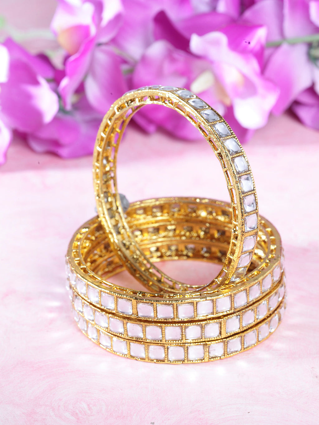 Priyaasi Women Set of 4 Gold-Polished Kundan Studded Bangles - Swadesiicart