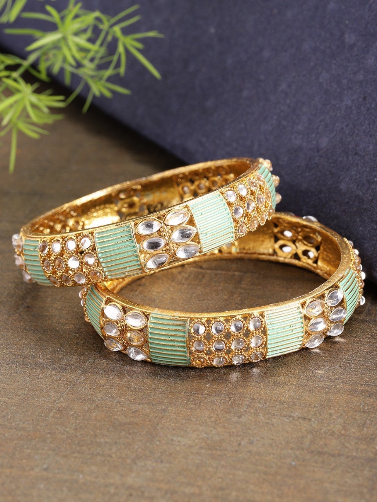 Priyaasi Women Set of 2 Gold-Polished Kundan Studded Meenakari Bangles in Mint Green Color - Noz2Toz