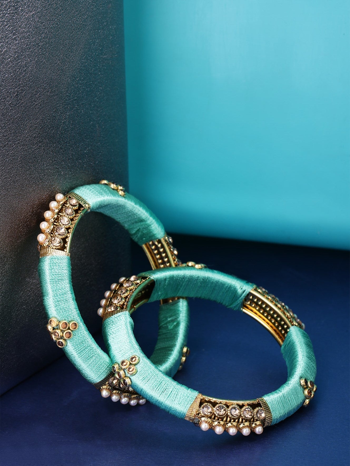 Priyaasi Designer Stone and Pearl Studded Gold-Polished Mint Green Silk Threaded Bangles Set Of 2 - Noz2Toz