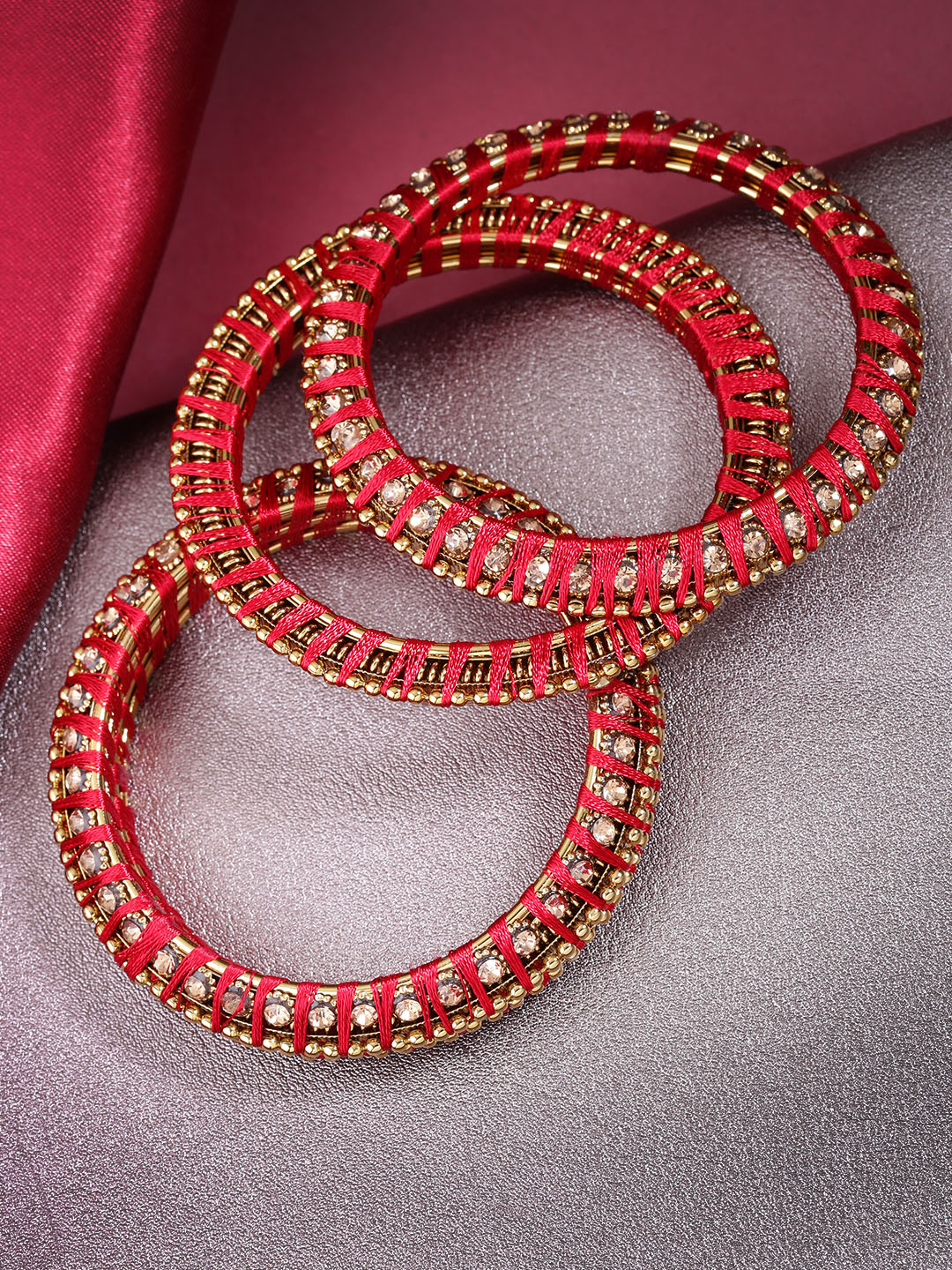 Priyaasi Women Set Of 4 Stones Studded Silk Threaded Bangles in Maroon Color - Noz2Toz