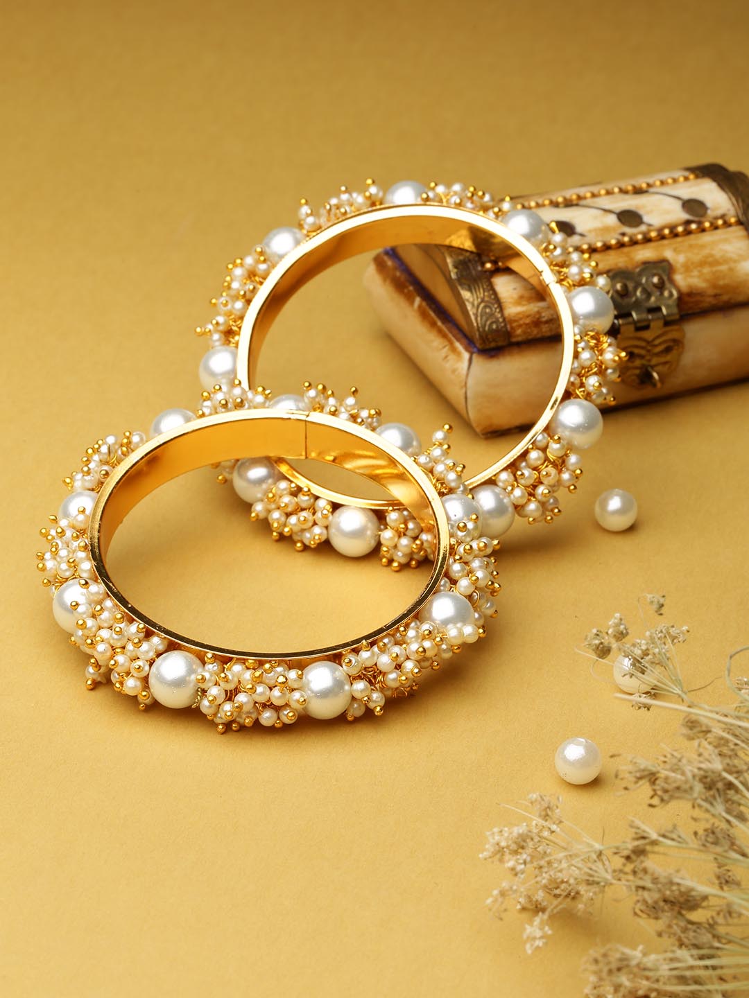 Priyaasi Women Set Of 2 Gold-Polished Pearls Studded Bangles - Noz2Toz