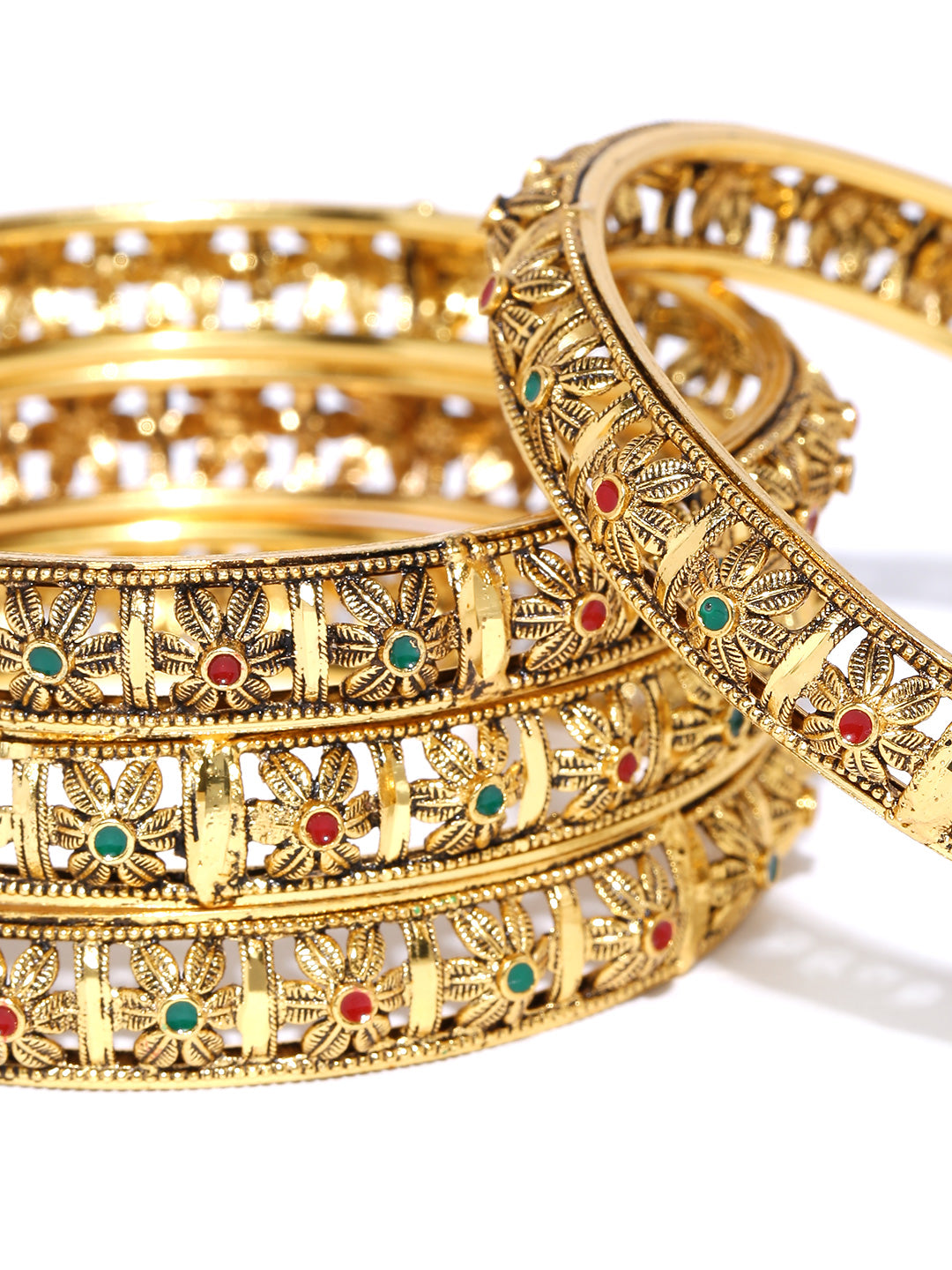 Priyaasi Women Set of 4 Gold-Polished Red & Green Stones Studded Floral Jali work Bangles - Swadesiicart