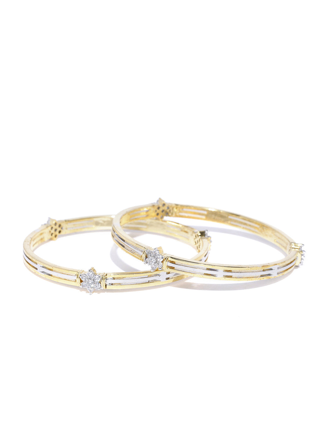 Priyaasi Women Set Of 2 Dual Toned American Diamond Studded Bangles in Floral Pattern - Swadesiicart