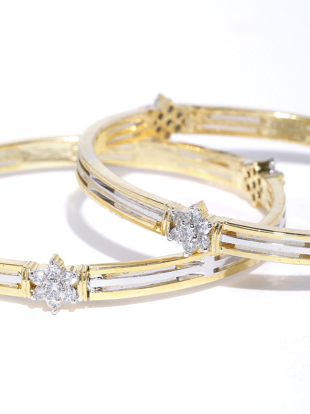Priyaasi Women Set Of 2 Dual Toned American Diamond Studded Bangles in Floral Pattern - Swadesiicart