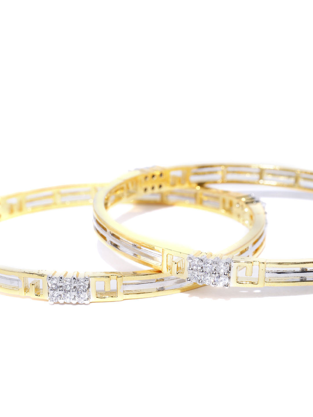 Priyaasi Women Dual Toned AD Studded Geometric Pattern Bangles Set Of 2 - Swadesiicart