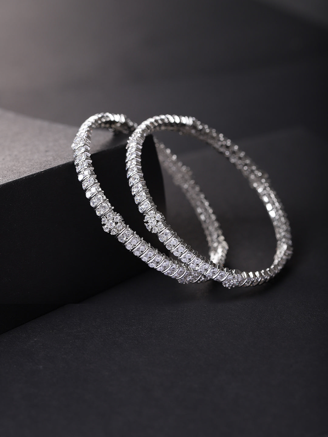 Priyaasi Women Dazzle Date-American Diamond Silver-Plated Set of 2 Bangles - Noz2Toz