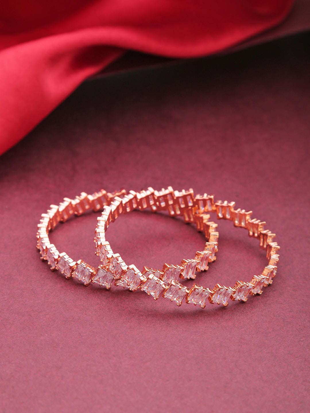 Priyaasi Women Set Of 2 Rose Gold-Polished Baguette Cut American Diamond Studded Bangles - Noz2Toz