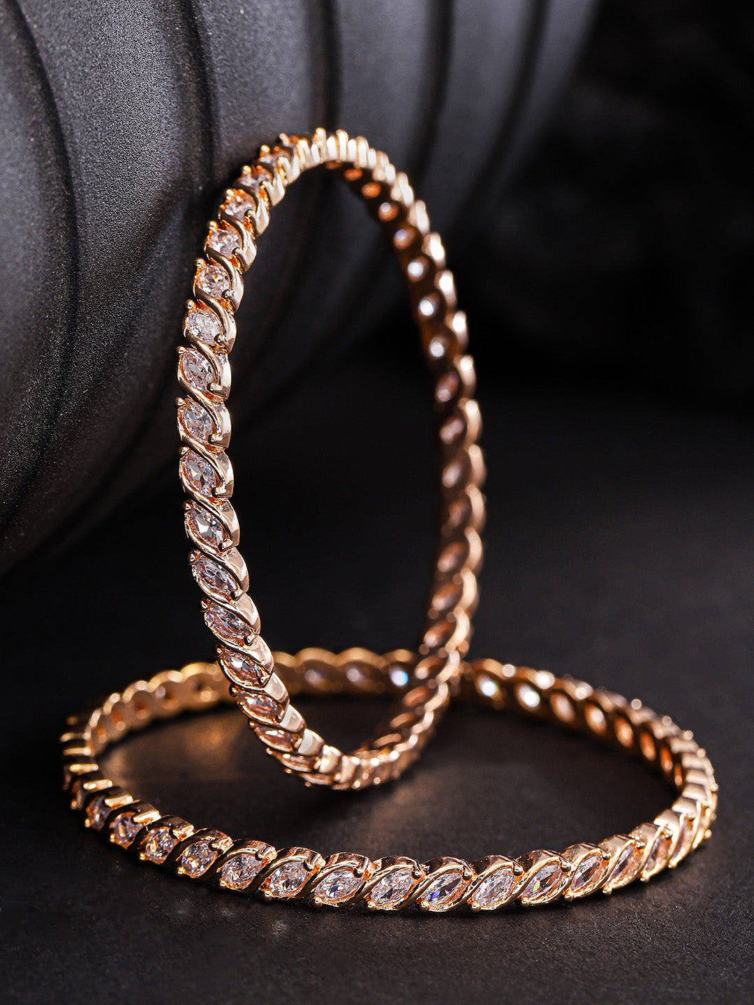 Priyaasi Women Set of 2 Rose Gold-Polished Leaf Design American Diamond Studded Bangles - Noz2Toz