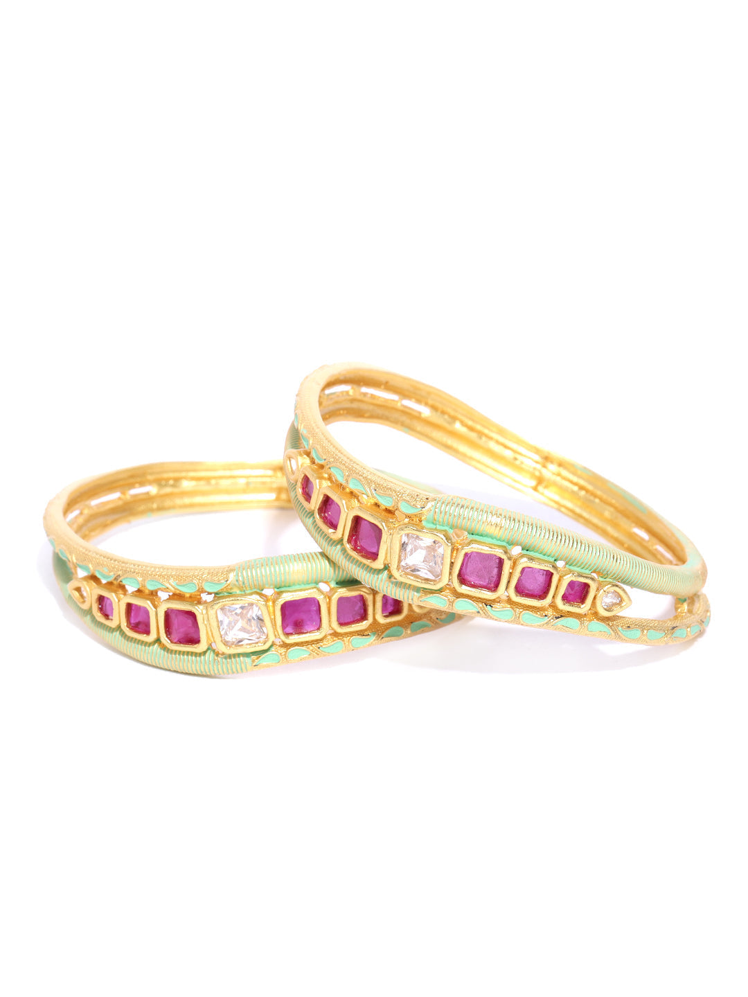 Priyaasi Women Set Of 2 Matte Gold AD And Maroon Stone Studded Mint Green Curved Shape Bangles - Swadesiicart