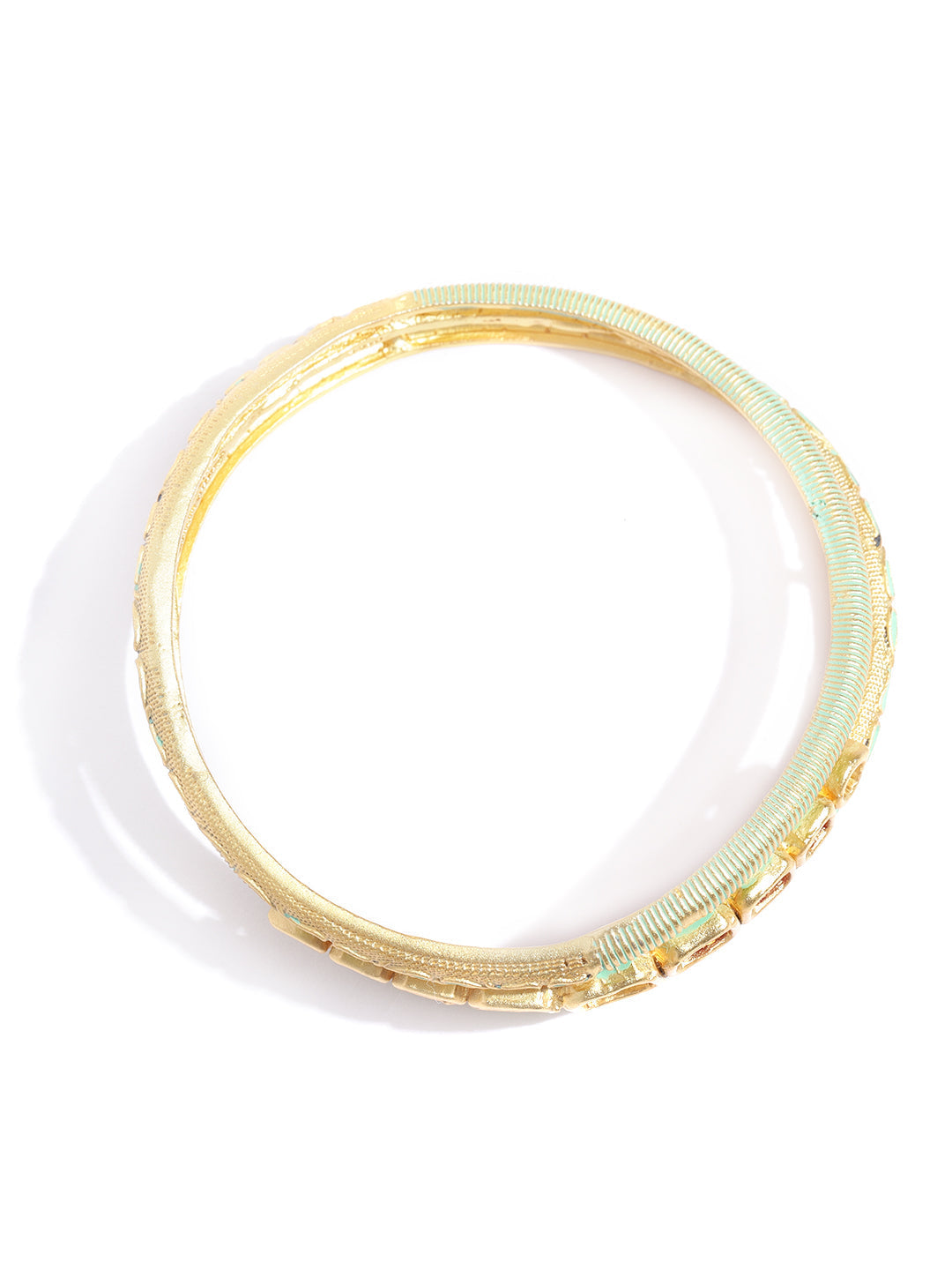 Priyaasi Women Set Of 2 Matte Gold AD And Maroon Stone Studded Mint Green Curved Shape Bangles - Swadesiicart