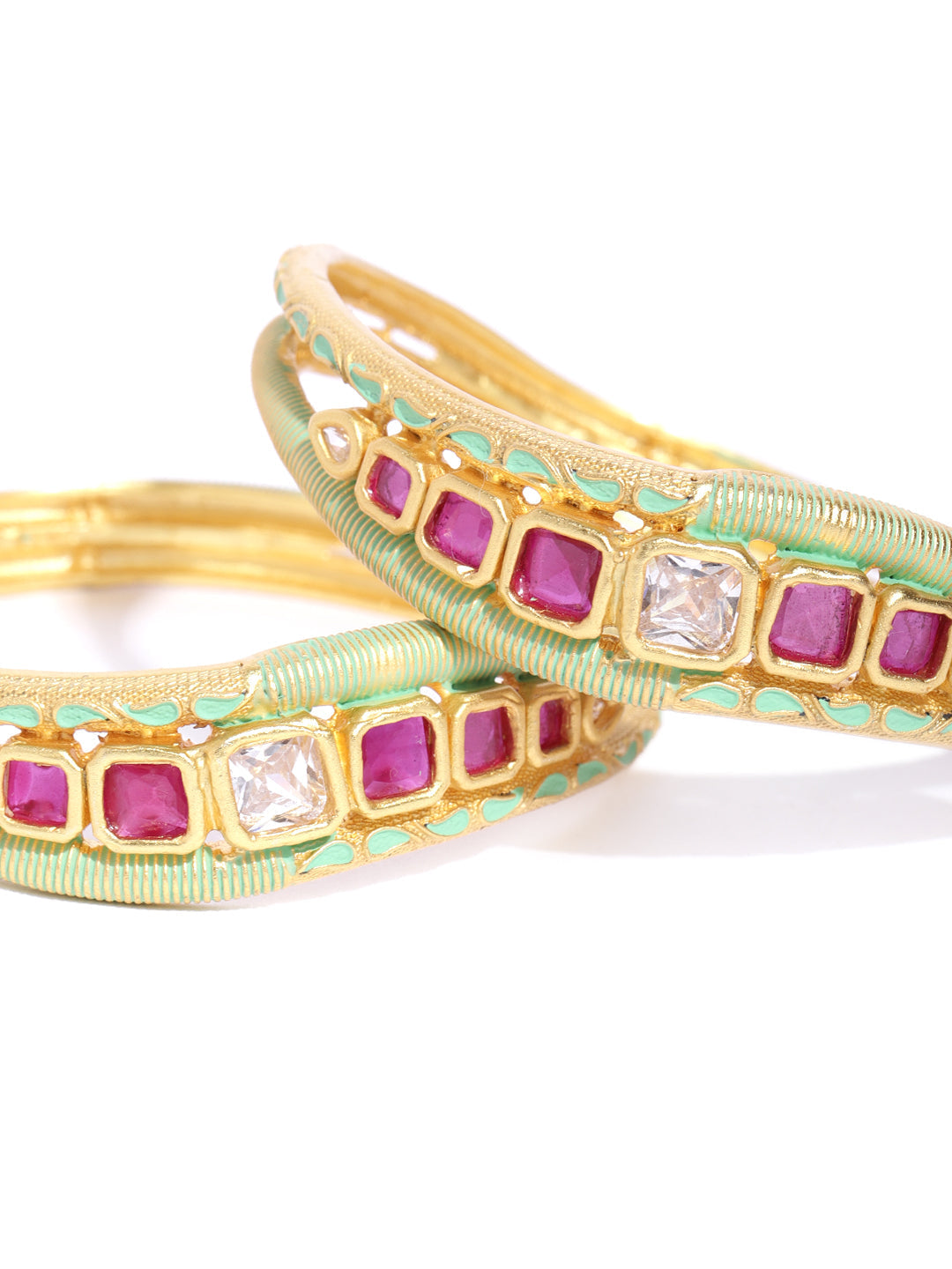 Priyaasi Women Set Of 2 Matte Gold AD And Maroon Stone Studded Mint Green Curved Shape Bangles - Swadesiicart