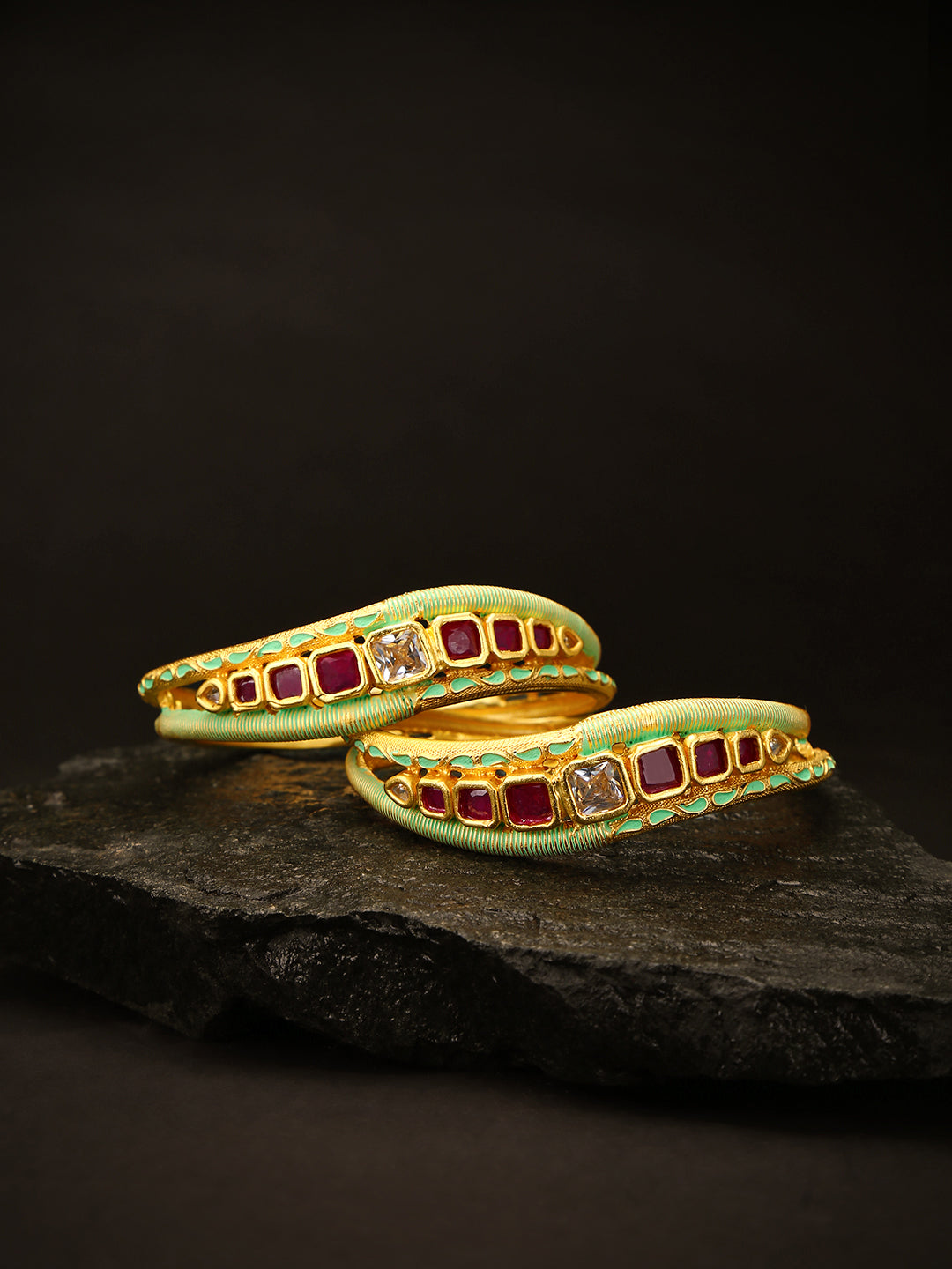 Priyaasi Women Set Of 2 Matte Gold AD And Maroon Stone Studded Mint Green Curved Shape Bangles - Noz2Toz