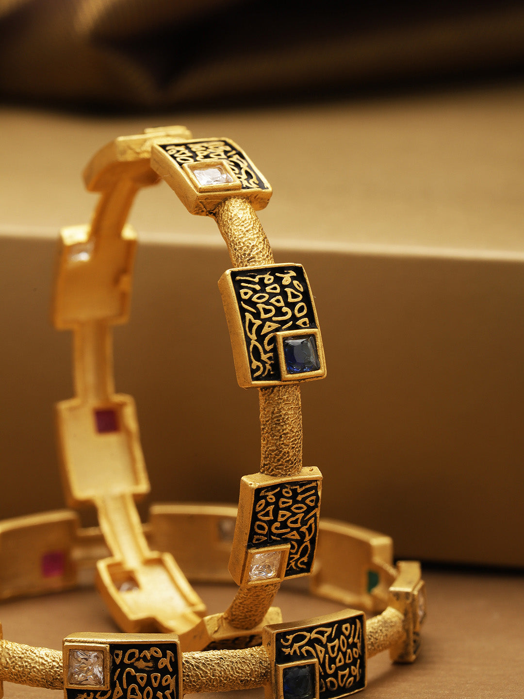 Priyaasi Women Set Of 2 Gold-Polished Multicolor Stones Studded Geometric Bangles - Noz2Toz