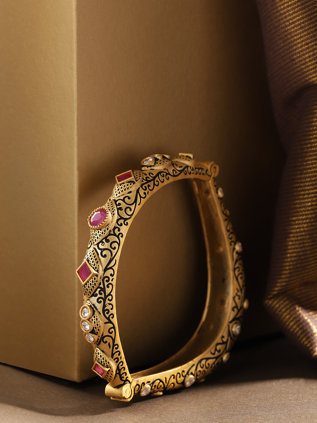 Priyaasi Women Gold-Polished American Diamond & Ruby Studded Openable Bangle - Noz2Toz