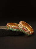 Priyaasi Women Set Of 2 Gold-Polished Ruby & American Diamond Studded Mint Green Meenakari Openable Bangle - Noz2Toz