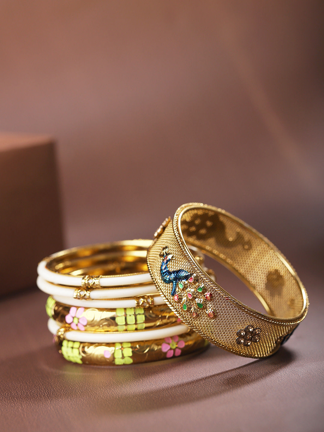 Priyaasi Women Set Of 7 Gold-Polished Peacock Inspired Meenakari Bangles - Noz2Toz