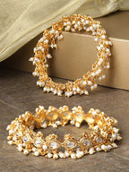 Priyaasi Women Set Of 2 Gold-Polished Kundan Studded Off-White Bead Drop Bangles - Noz2Toz