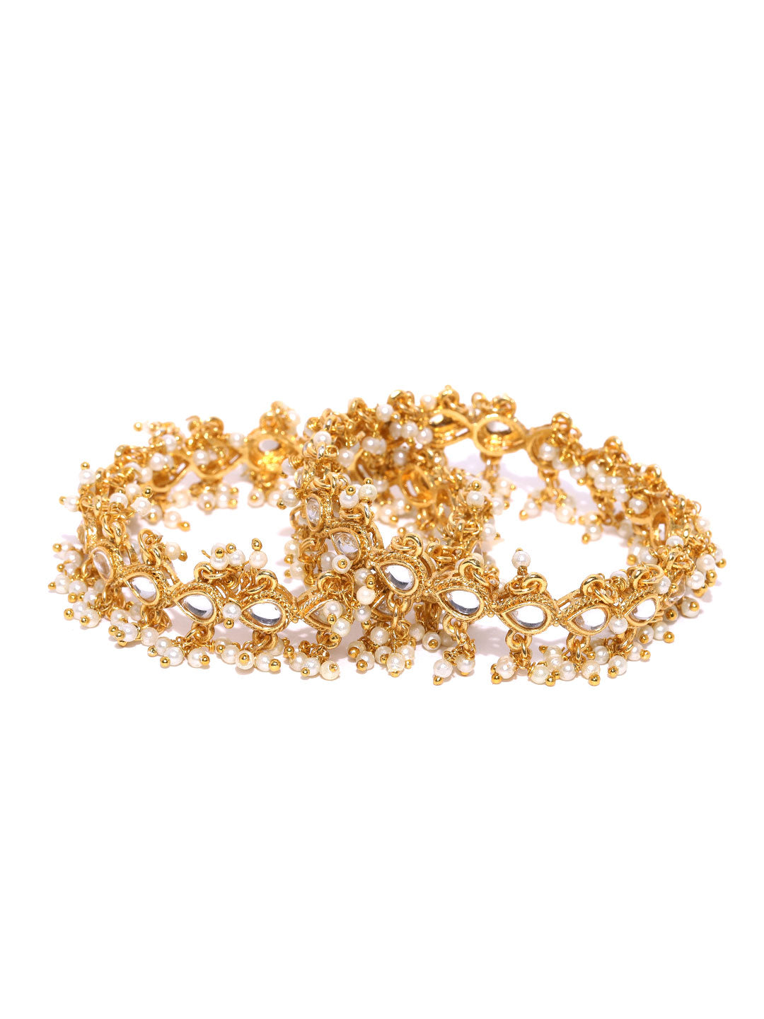 Priyaasi Women Set Of 2 Gold-Polished Kundan Studded Off-White Bead Drop Bangles - Swadesiicart