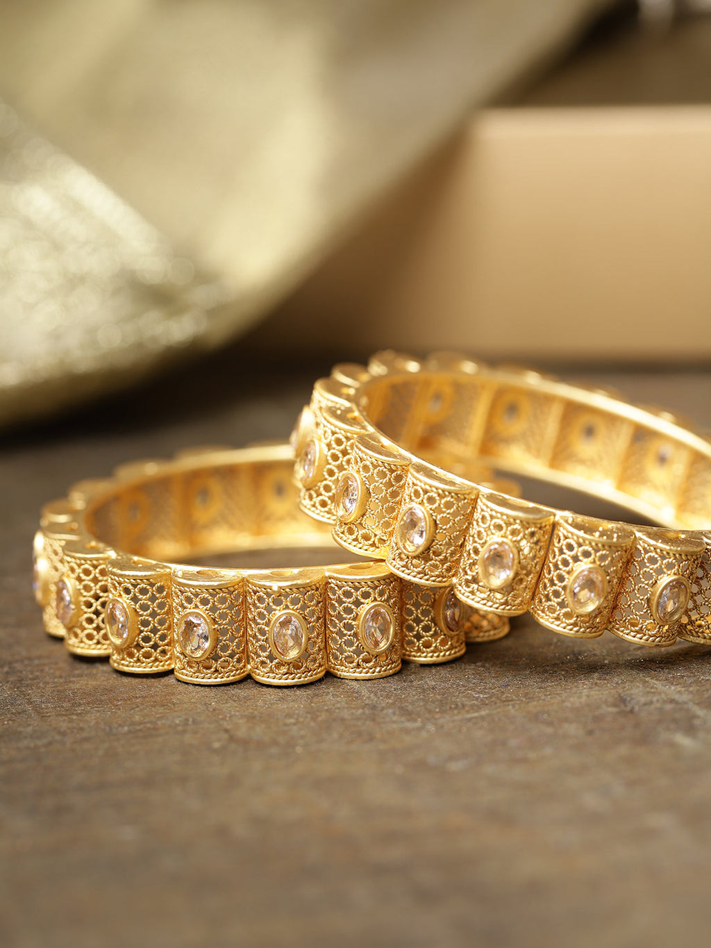 Priyaasi Women Set Of 2 Gold-Polished Stones Studded Jali Work Bangles - Noz2Toz