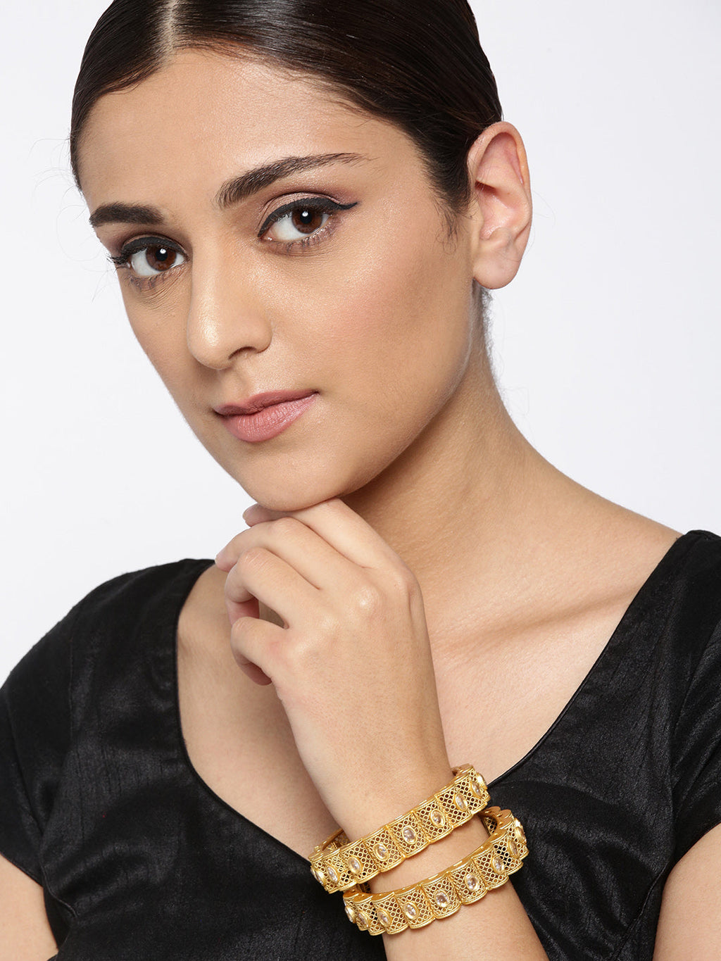 Priyaasi Women Set Of 2 Gold-Polished Stones Studded Jali Work Bangles - Swadesiicart
