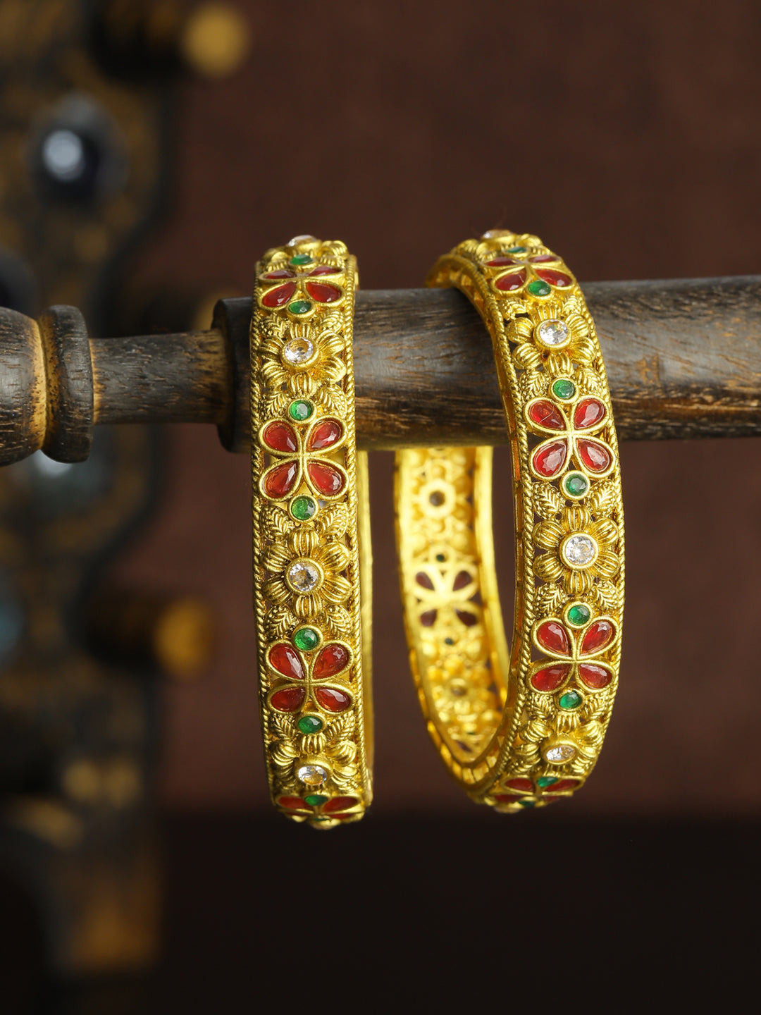 Priyaasi Women Multi Color Ruby Emaraled Gold-Polished Set Of 2 Bangles - Noz2Toz