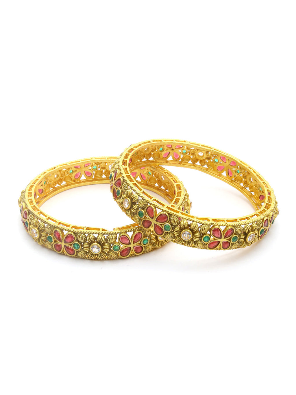 Priyaasi Women Multi Color Ruby Emaraled Gold-Polished Set Of 2 Bangles - Swadesiicart