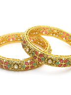 Priyaasi Women Multi Color Ruby Emaraled Gold-Polished Set Of 2 Bangles - Swadesiicart
